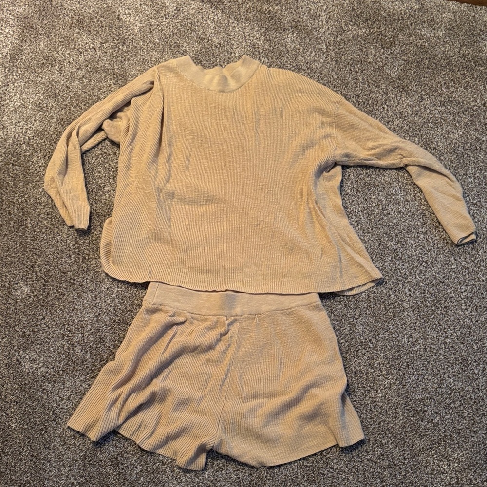 FP Beach Cozy Beige Knit Sweater and Shorts Set